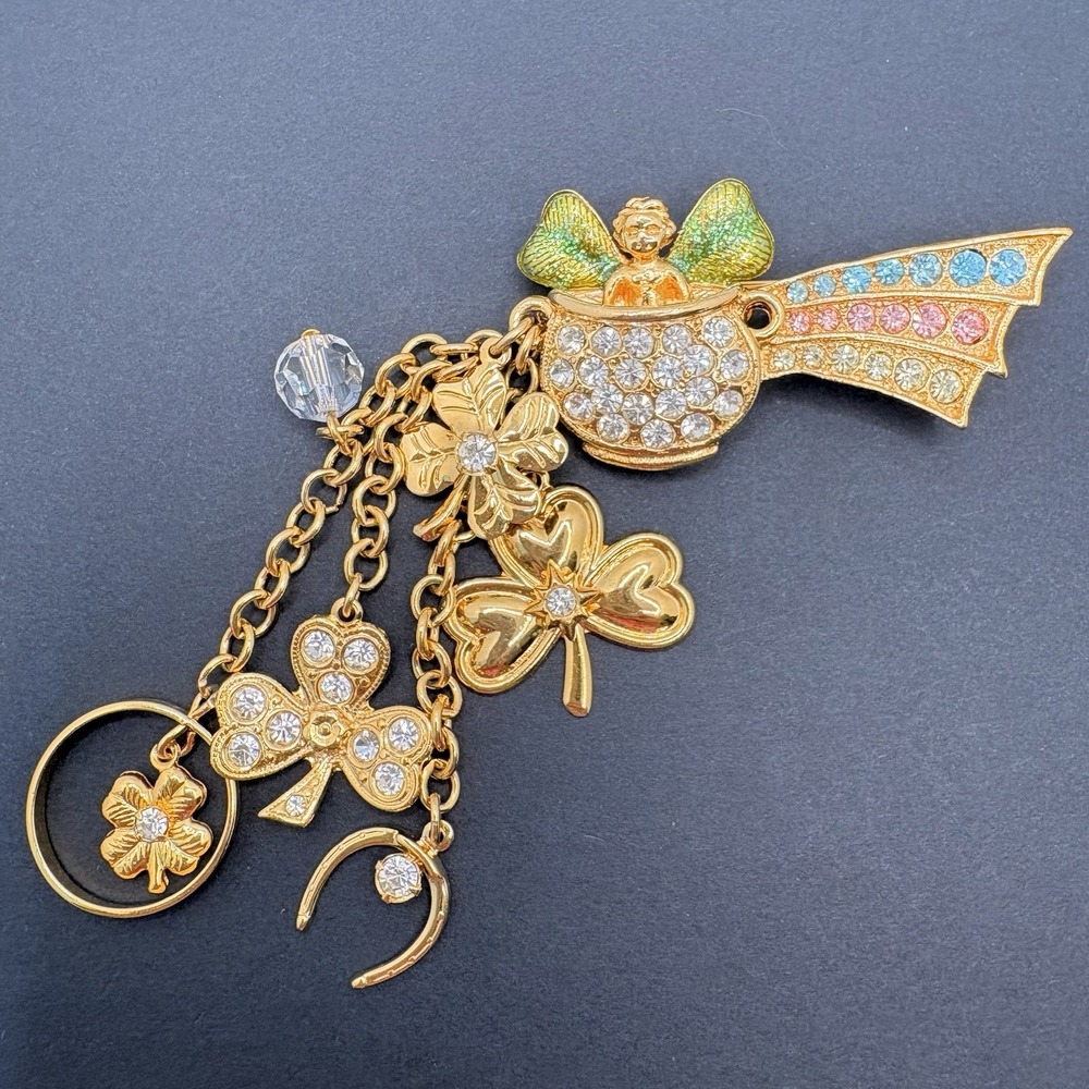 Vintage Kirks Folly Pot of Gold Brooch Shamrock Angel 4 Leaf Clover Luck Dangles